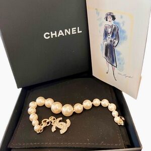 CHANEL Faux Pearl & Rhinestones CC Mark Bracelet in Gold-Tone w/Box & COA